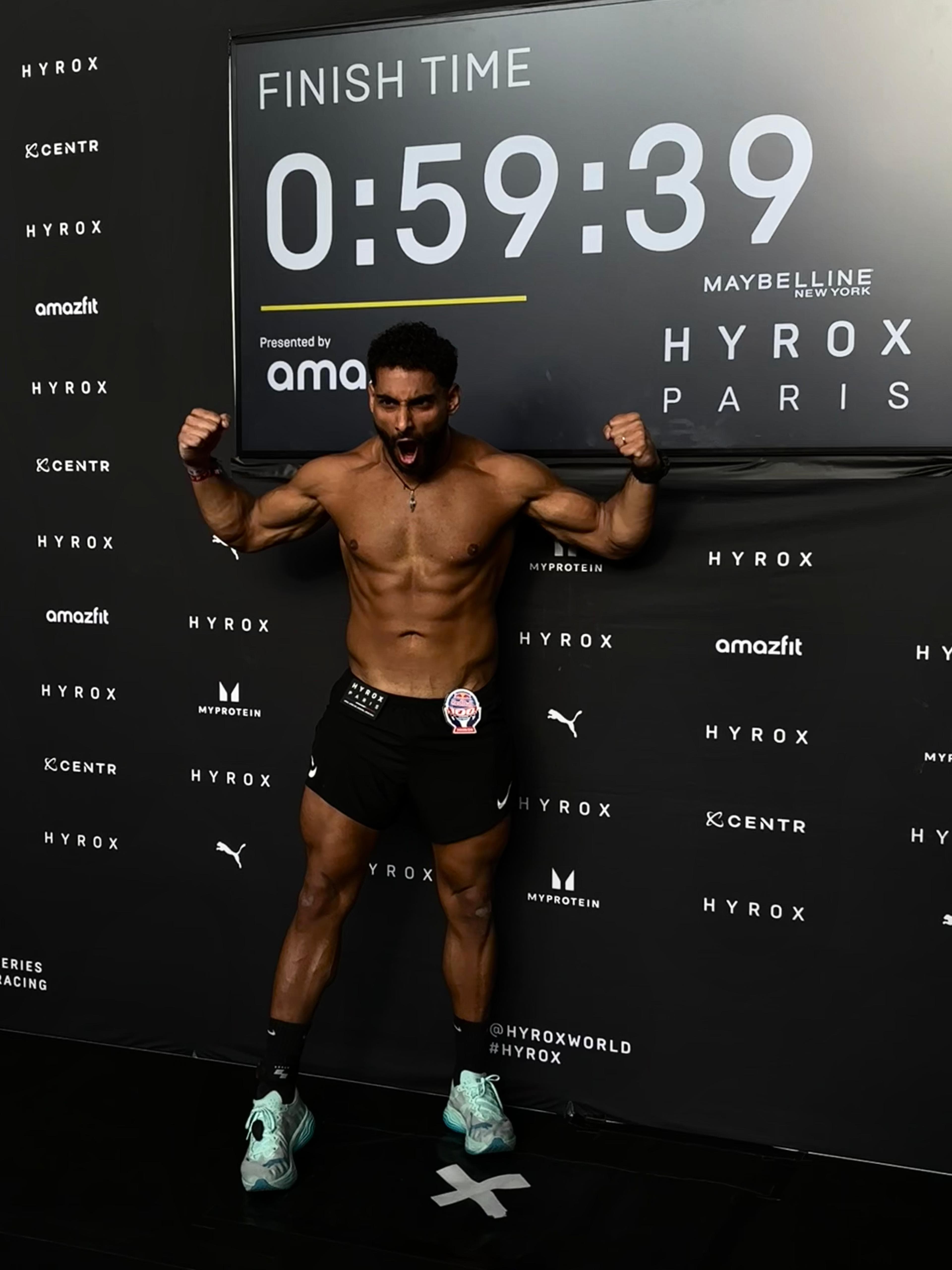 Ahmed celebrating his 0:59:39 HYROX Paris finish